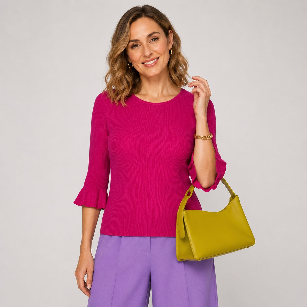 Pulover MADELEINE fucsia reiat cu mâneci evazate