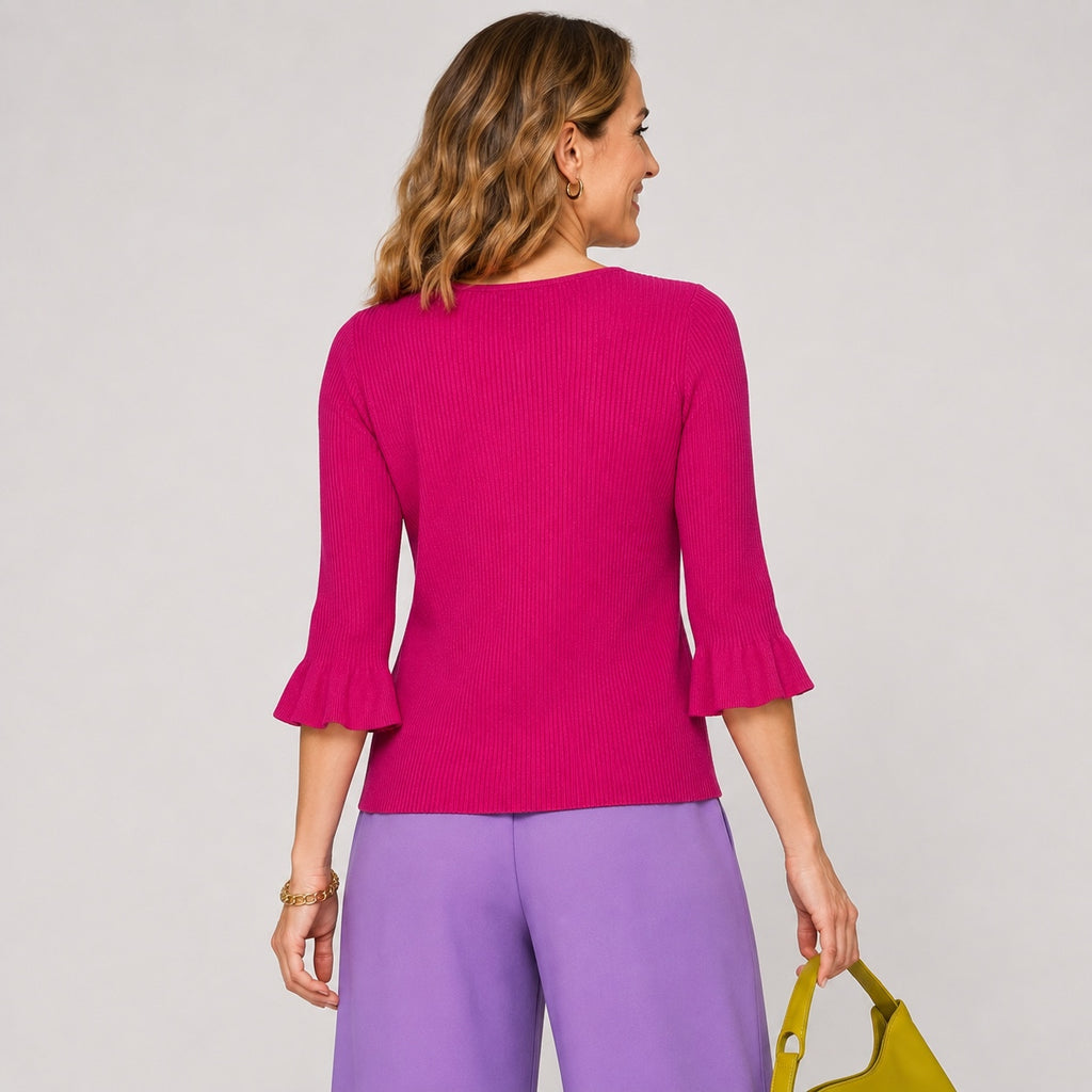 Pulover MADELEINE fucsia reiat cu mâneci evazate