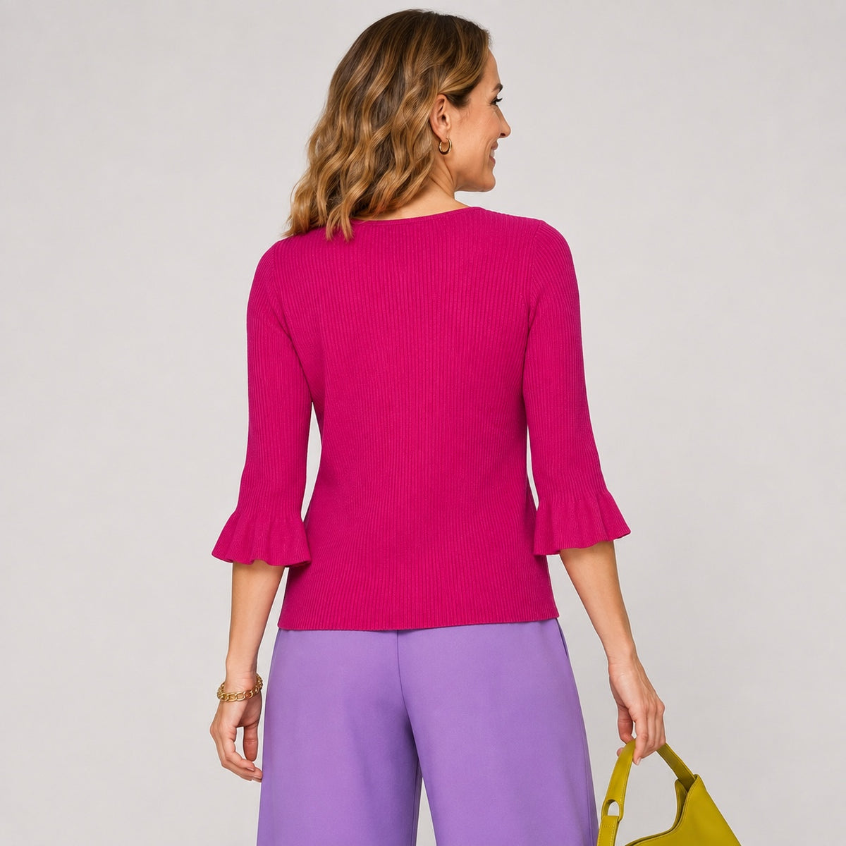 Pulover MADELEINE fucsia reiat cu mâneci evazate