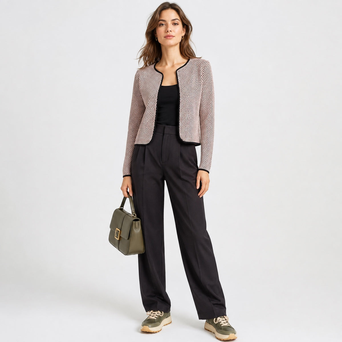 Cardigan ONLY roz cu model texturat și borduri negre