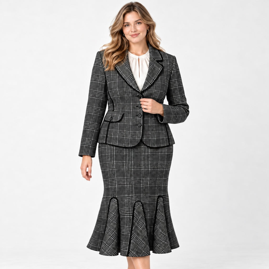 Costum ORWELL alb-negru, sacou cambrat și fustă godet, model din față