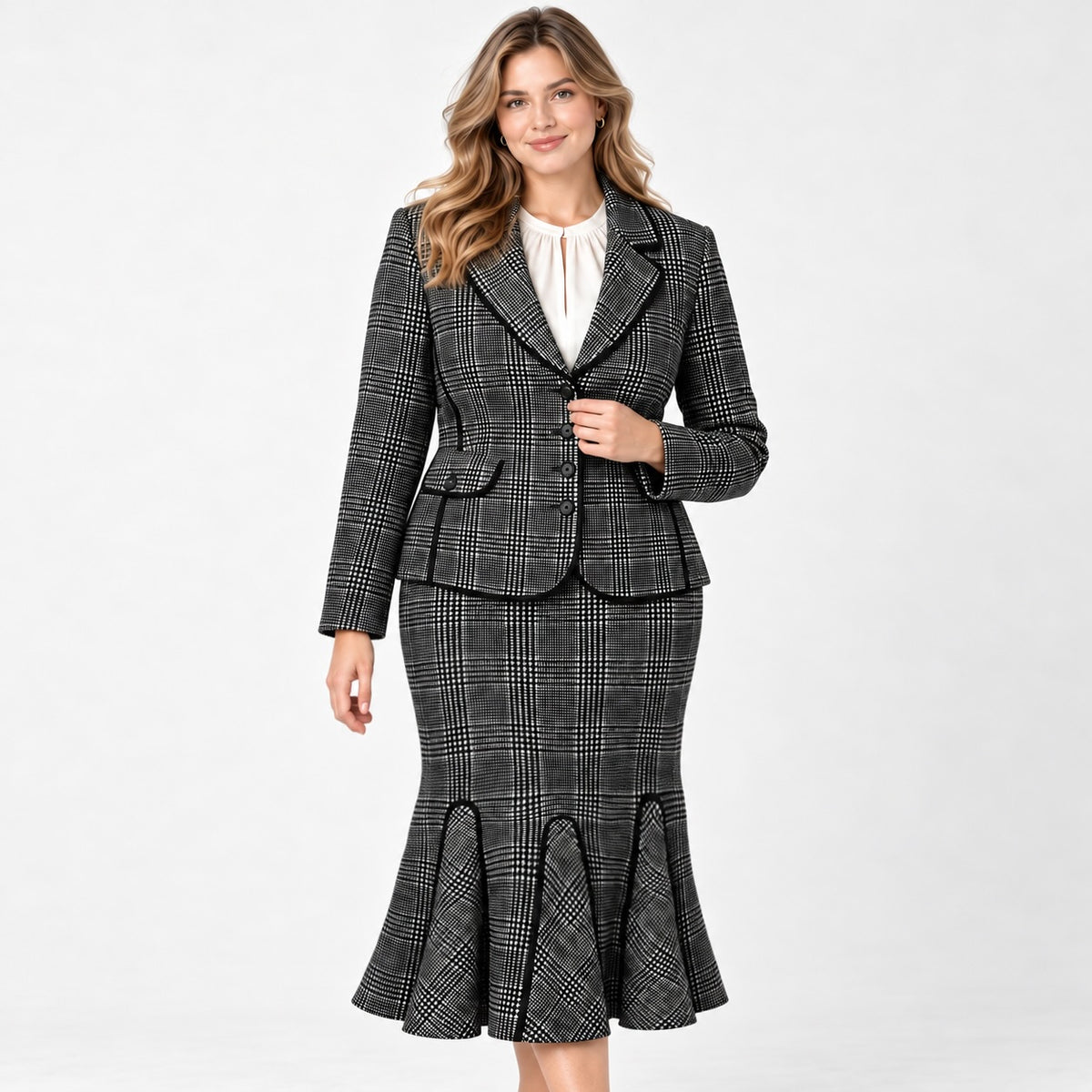 Costum ORWELL alb-negru, sacou cambrat și fustă godet, model din față