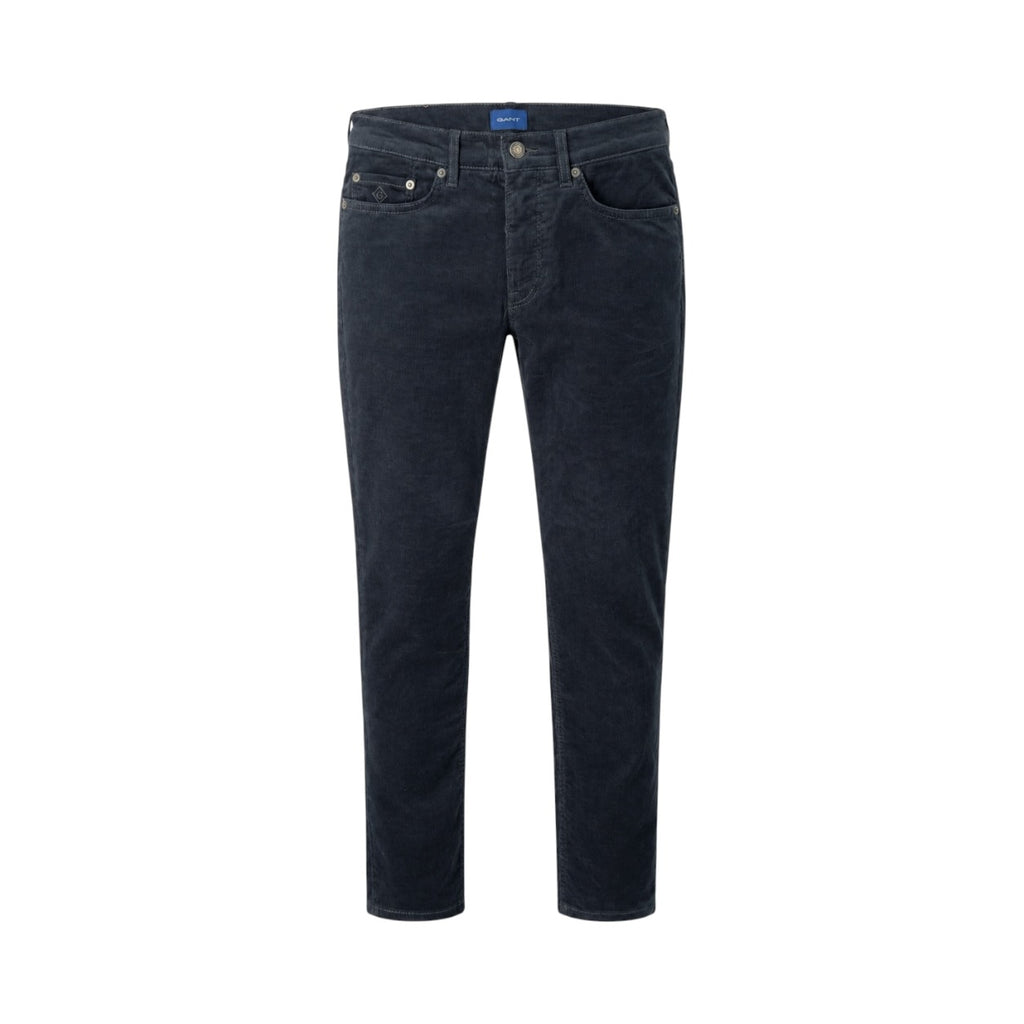Pantaloni GANT Hayes Slim din catifea reiată bleumarin, vedere frontală produs