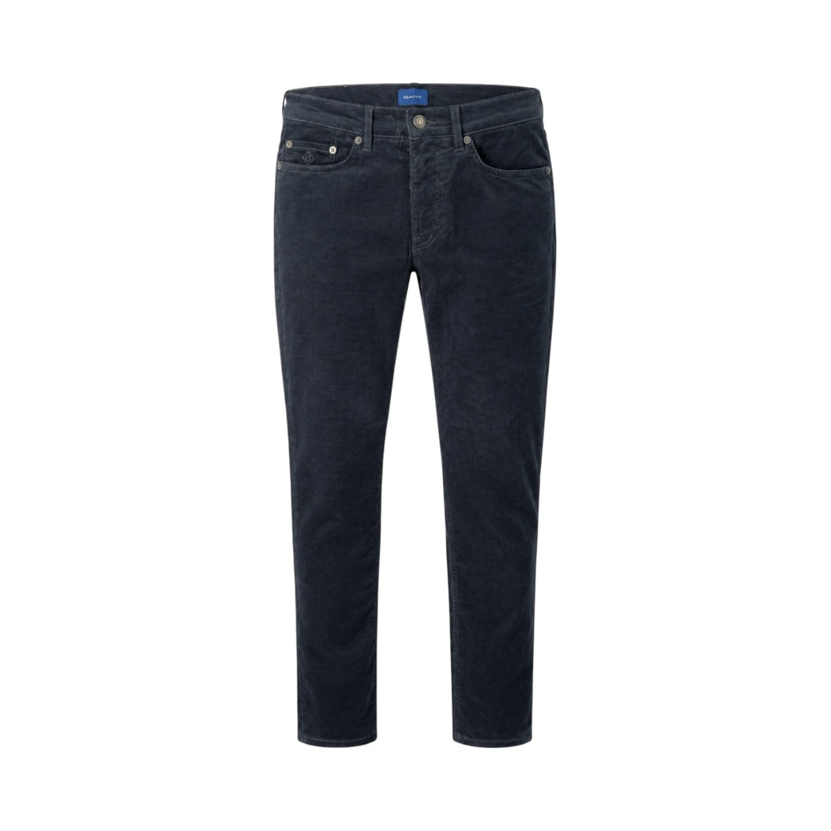 Pantaloni GANT Hayes Slim din catifea reiată bleumarin, vedere frontală produs
