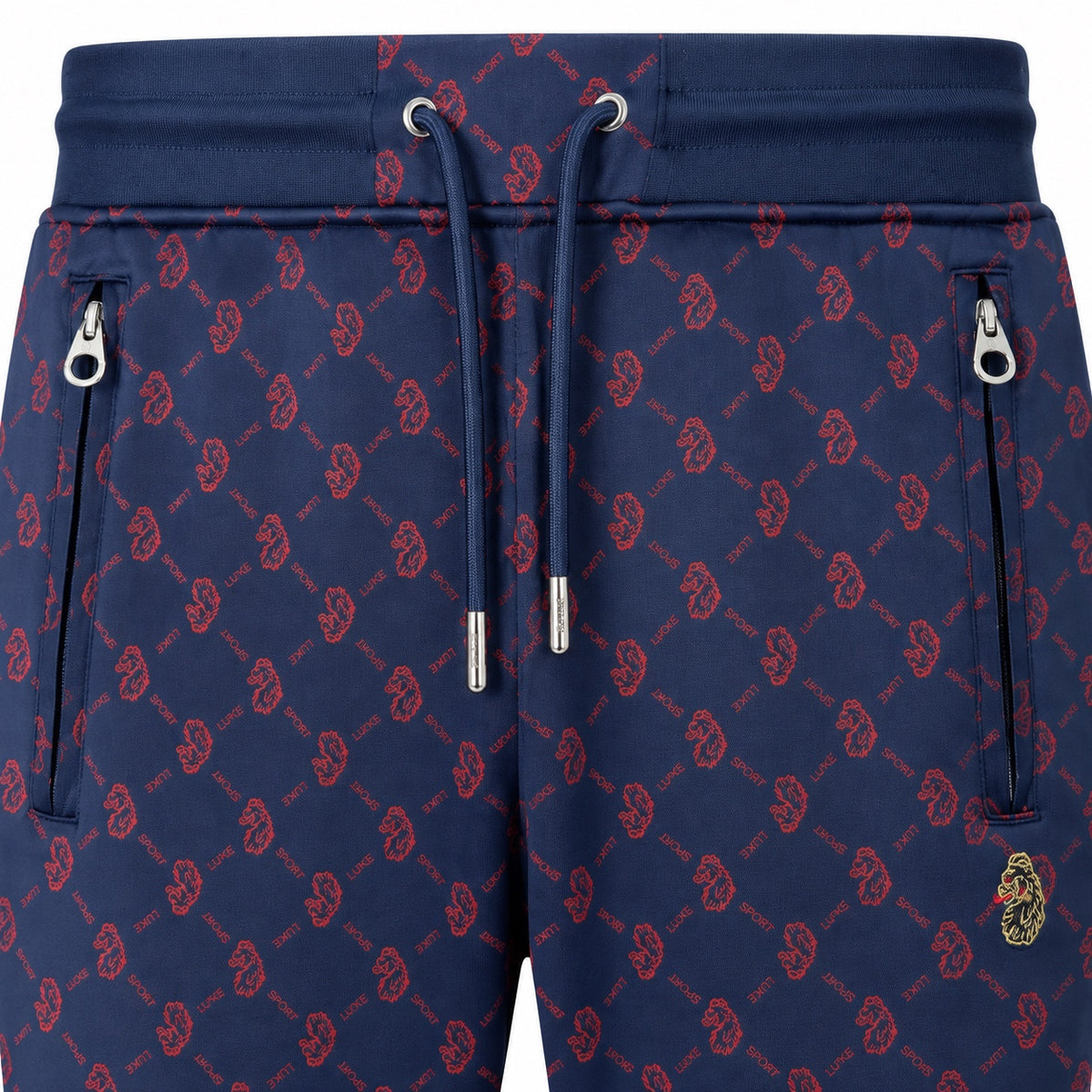 Pantaloni de trening Luke Sport bleumarin cu imprimeu roșu, detaliu talie