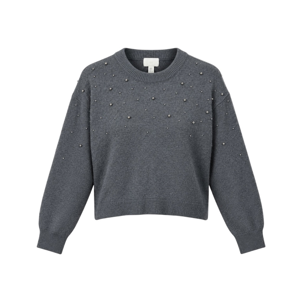 Pulover H&M gri cropped cu aplicații metalice, vedere frontală produs