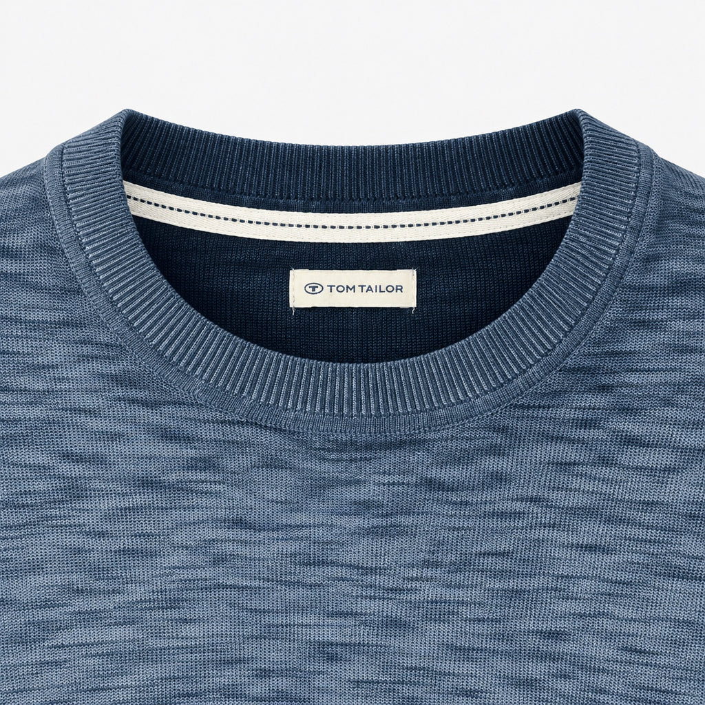 Pulover Tom Tailor albastru cu efect washed, detaliu guler