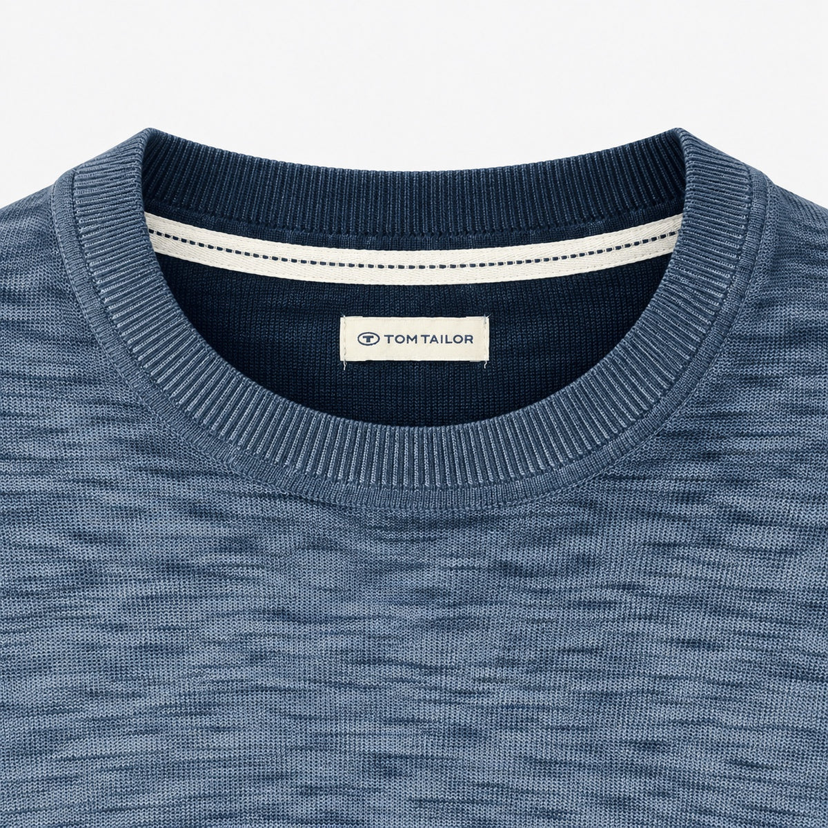 Pulover Tom Tailor albastru cu efect washed, detaliu guler