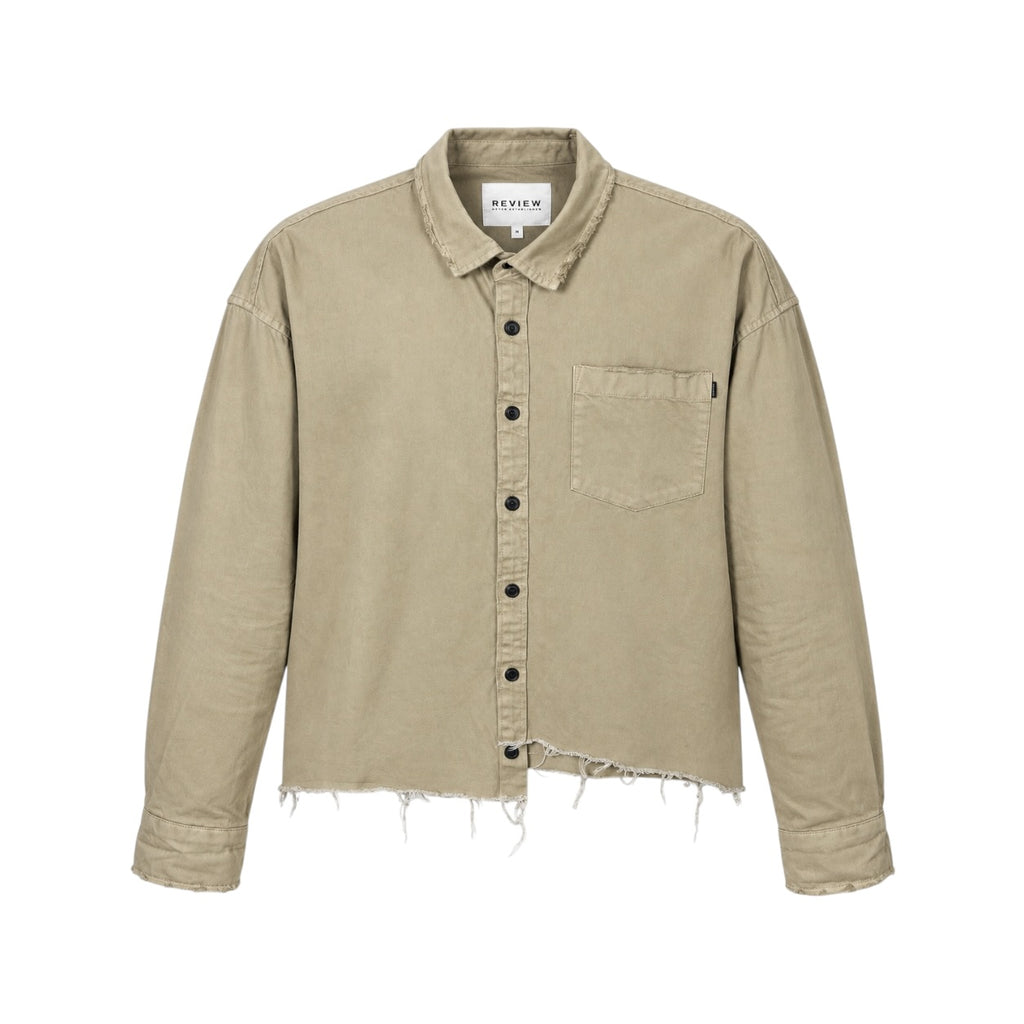 Cămașă REVIEW cropped oversized bej, față pe manechin invizibil