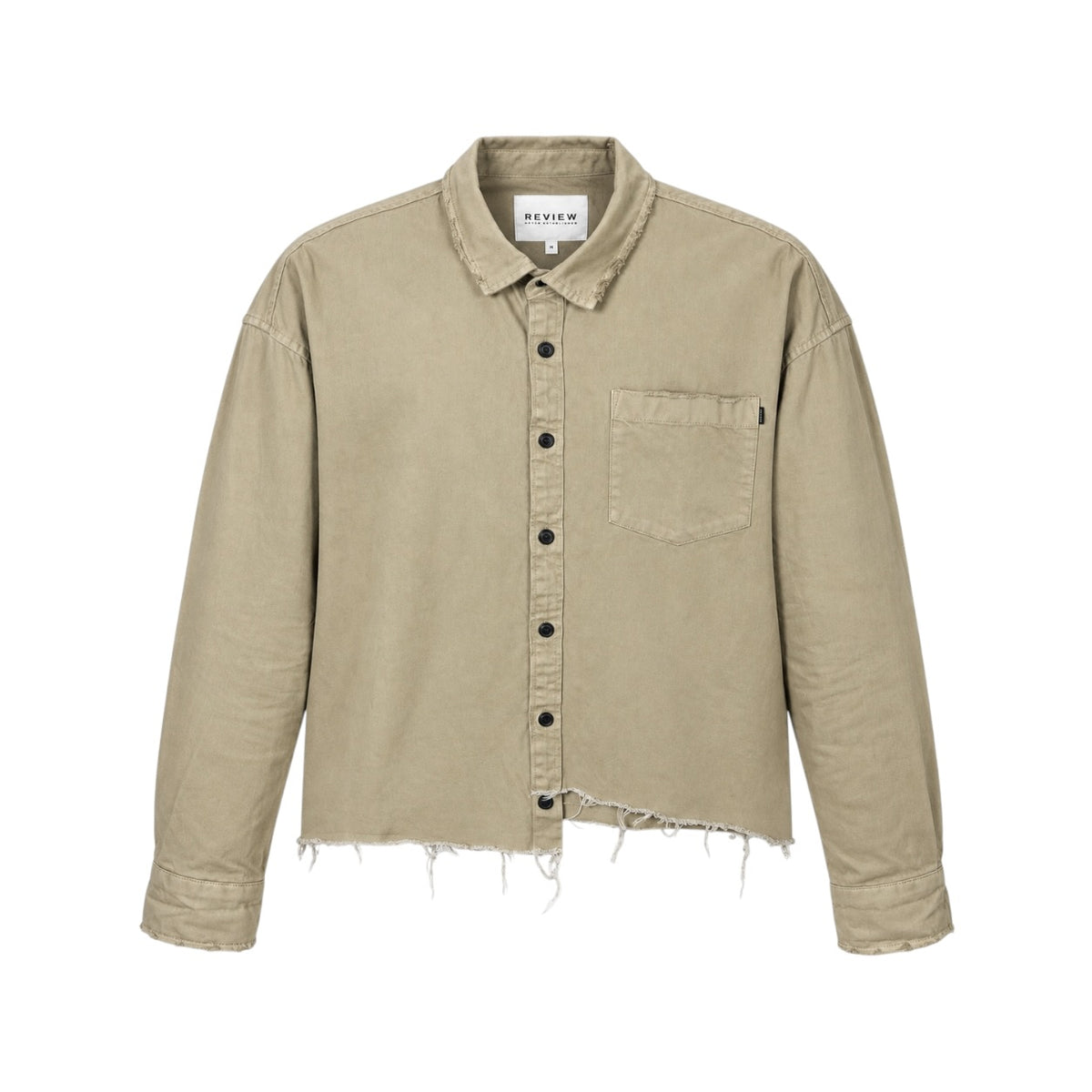 Cămașă REVIEW cropped oversized bej, față pe manechin invizibil