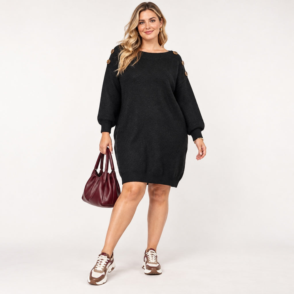 Rochie tricotată Rivers neagră, vedere frontală pe model