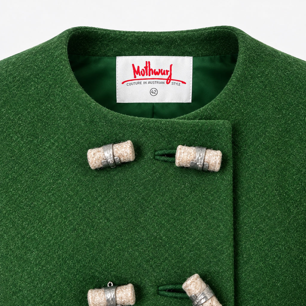 Sacou Mothwurf Austrian Couture verde, detaliu etichetă și închidere