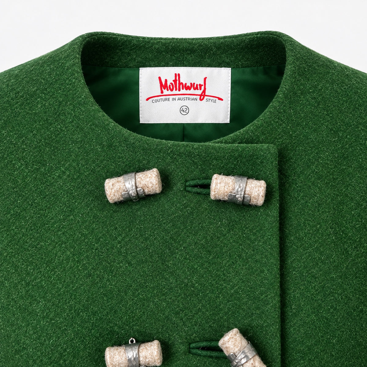 Sacou Mothwurf Austrian Couture verde, detaliu etichetă și închidere