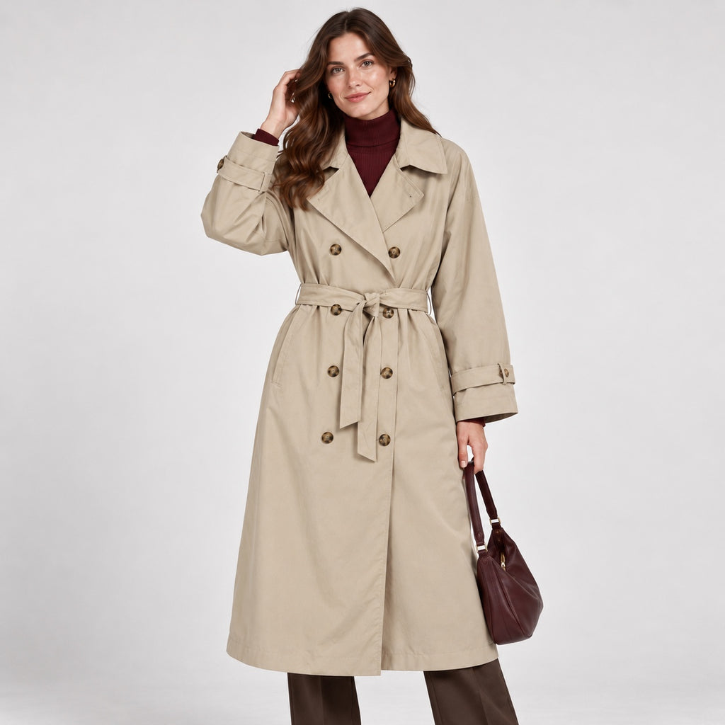 Trenci H&M bej oversized cu cordon, vedere apropiată pe model