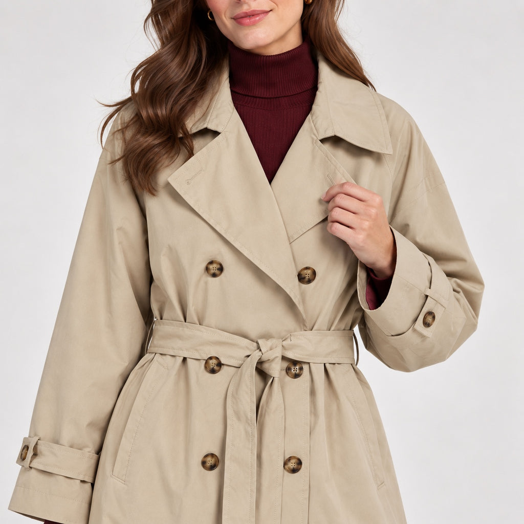 Trenci H&M bej oversized, detaliu revere, cordon și nasturi