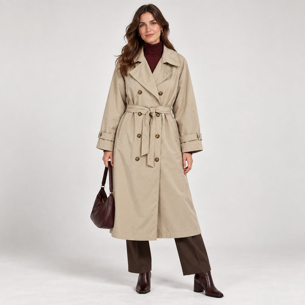 Trenci H&M bej oversized cu cordon, vedere frontală pe model