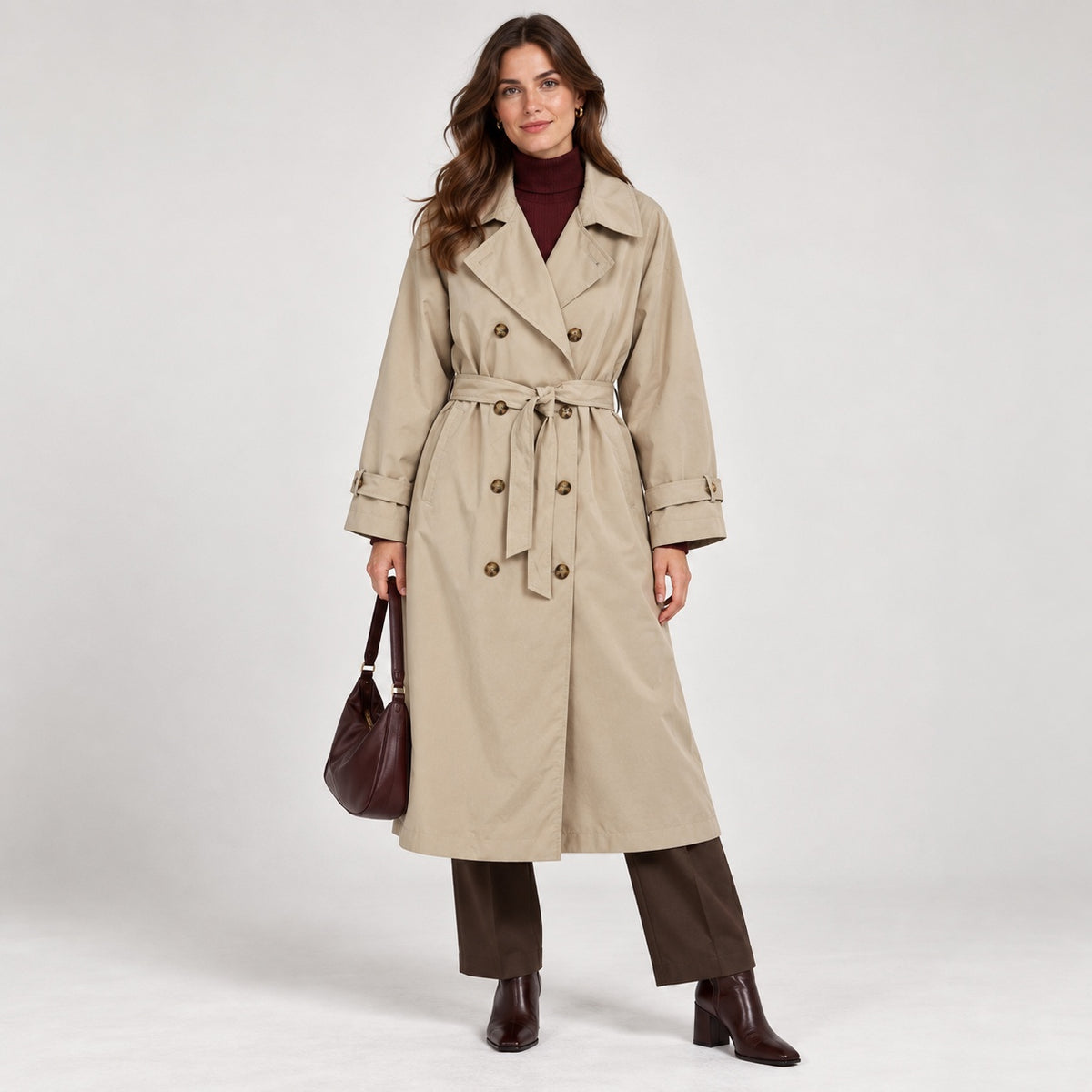Trenci H&M bej oversized cu cordon, vedere frontală pe model