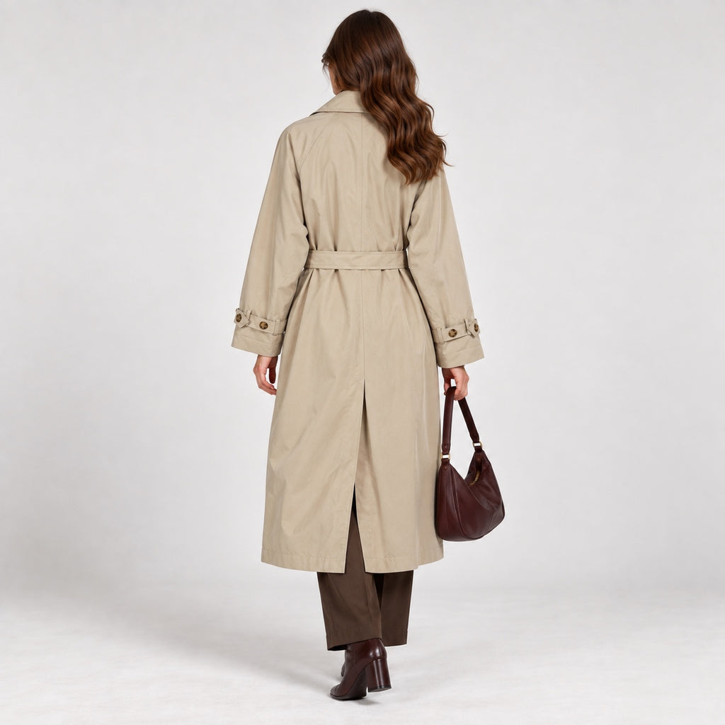 Trenci H&M bej oversized cu cordon, vedere din spate pe model